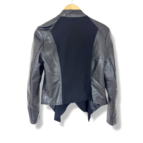 INC Black Faux Leather‎ Moto Cascade Open Jacket Ponte Knit with Pockets Size M - Picture 2 of 7